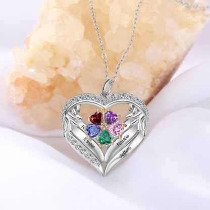 Personalized Wings S925 Silver Necklace With 5 Heart Birthstones Engraved Names Gift For Women