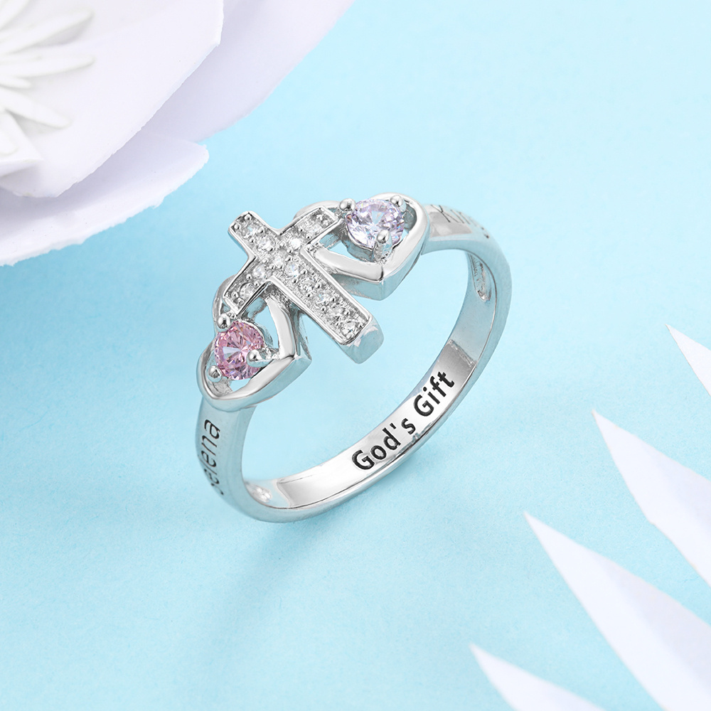 S925 Silver Ring Personalized 2 Birthstones Cross Ring With Names Gifts For Her