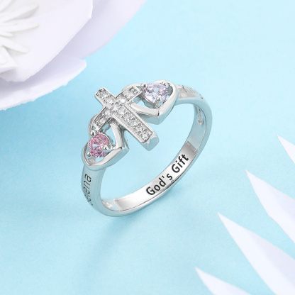 S925 Silver Ring Personalized 2 Birthstones Cross Ring With Names Gifts For Her