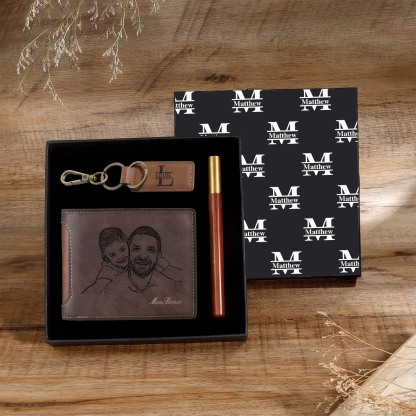 Personalized Leather Wallet Gift Box Set with Letter Name Keychain Customizable Photo and Text Wallet Gift for Him