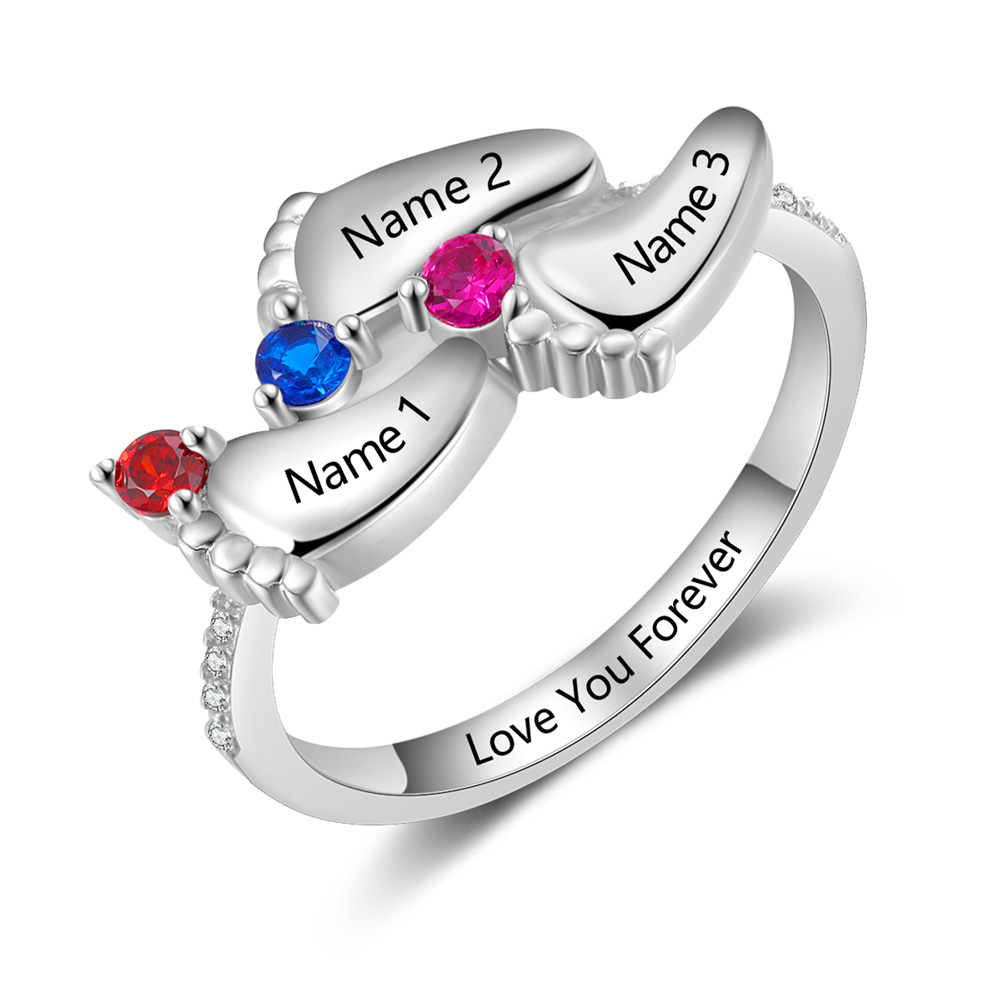 Personalized Baby Foot 925 Sliver Ring With 3 Birthstones Engraved Names Ring Gift For Women