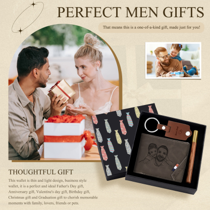 Personalized Leather Wallet Gift Box Set with Keychain Customizable Photo,Text ,Name and Letter Wallet Gift for Him