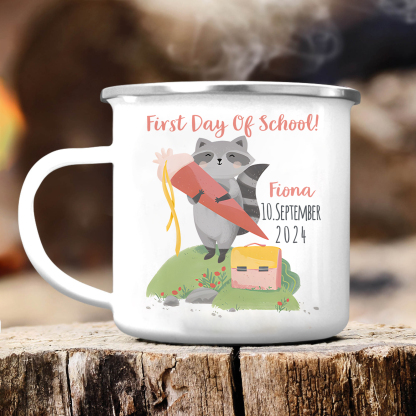 Personalized Name And Date Enamel Mug Children'S Raccoon Pattern Back 