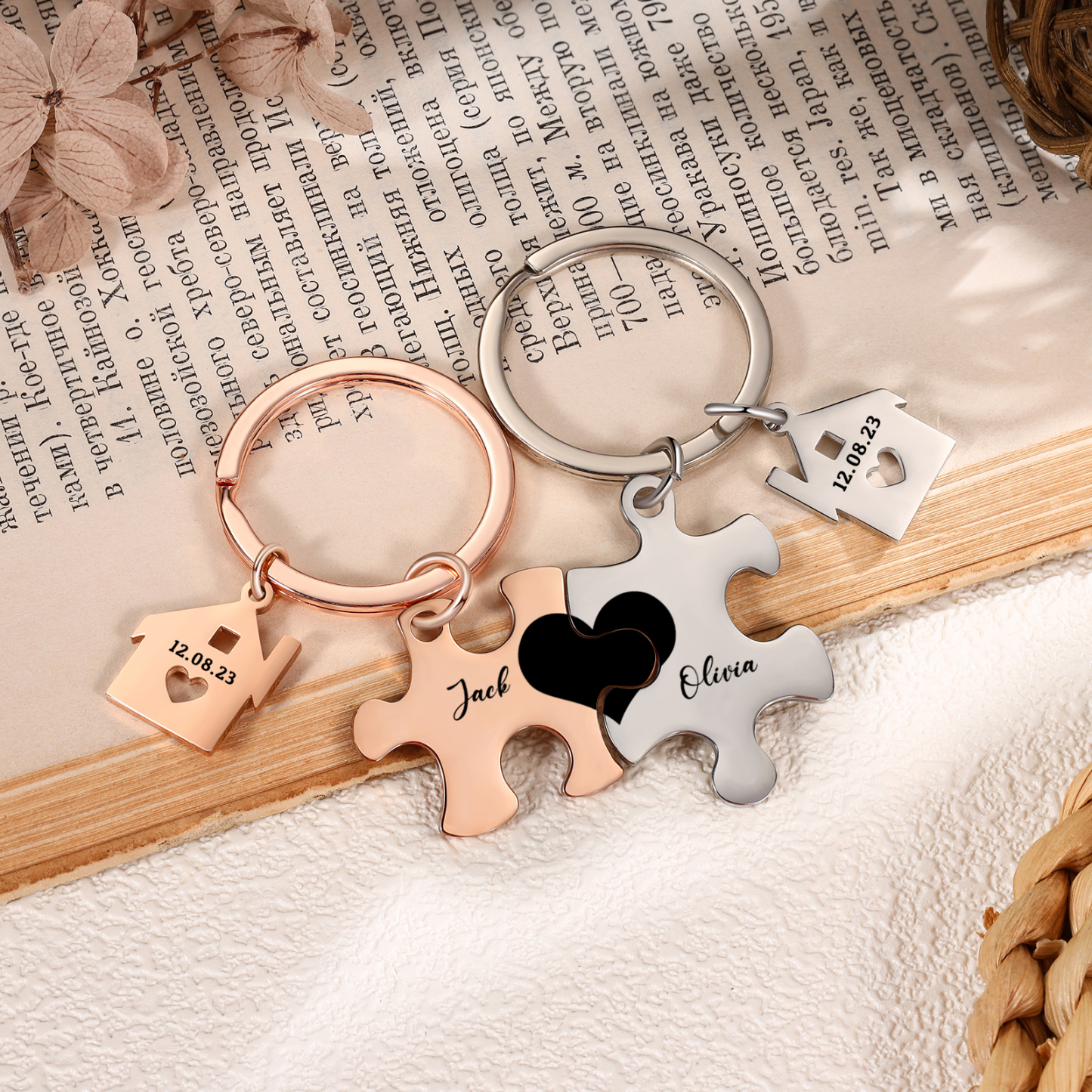 Personalized Name Puzzle Couple Keychain Engrave Date Matching Couple Gifts, Special Gift For Him/Her