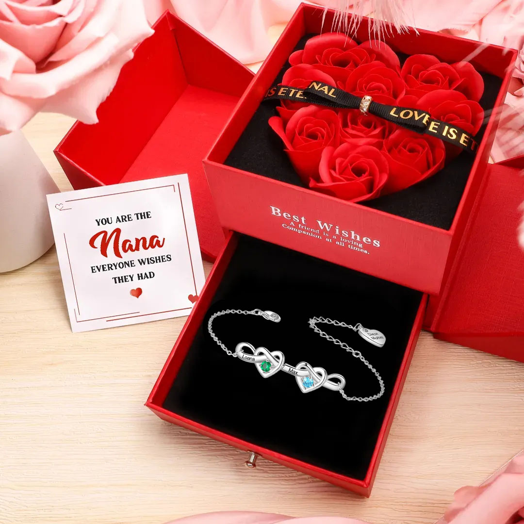 2-8 Names-Personalized Linked Heart Bracelet With 3 Birthstones Engraved Names And Text Bangle For Her | Jessemade