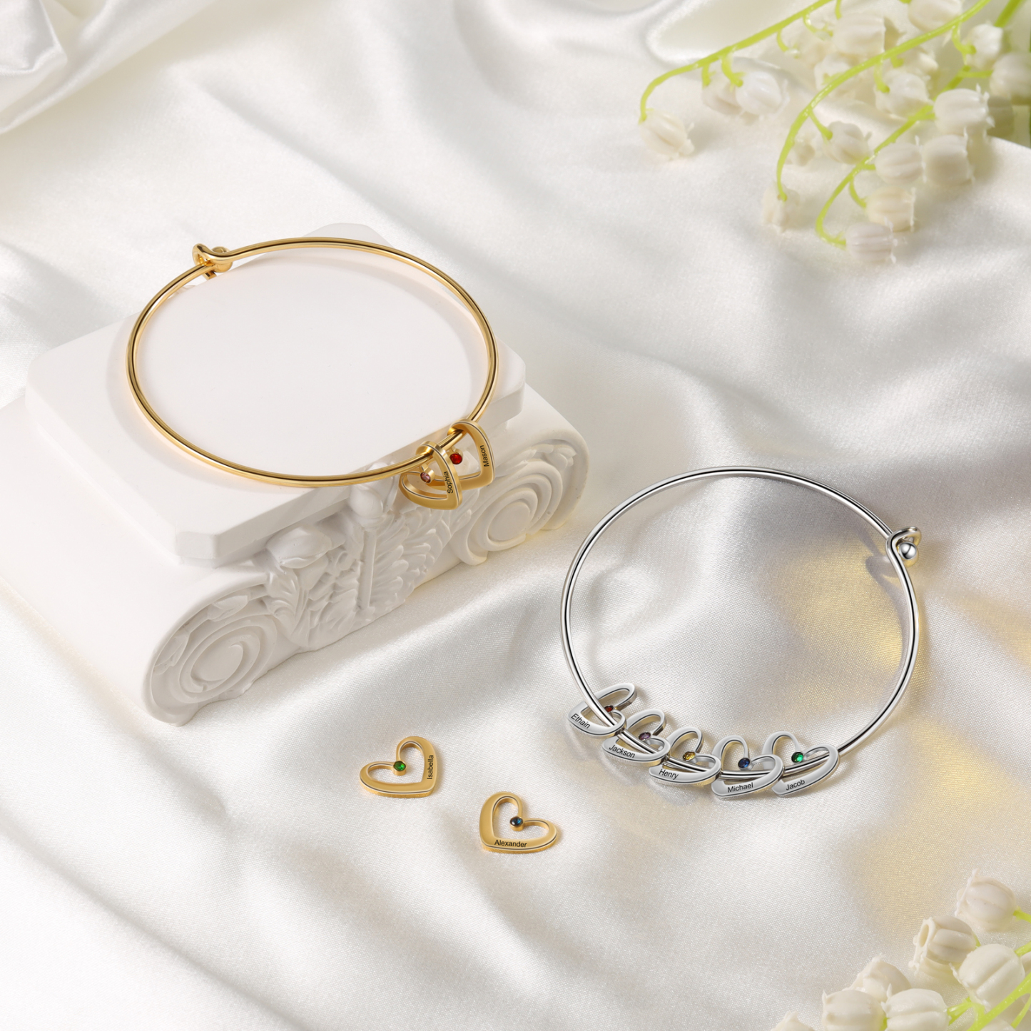 2 Names-Personalized Heart Bangle With 2 Names and Birthstones Bangle Bracelet Gifts For women