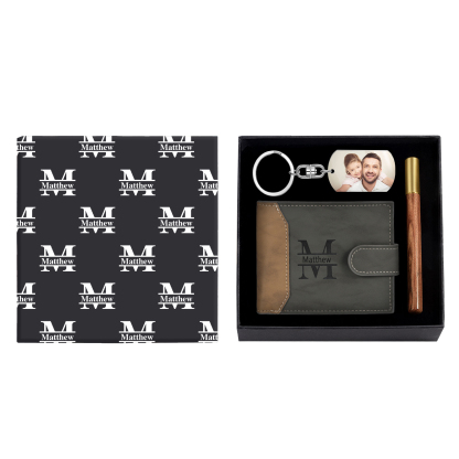 Personalized Leather Wallet Gift Box Set with Keychain Customizable Photo Letter and Name Wallet Gift for Dad