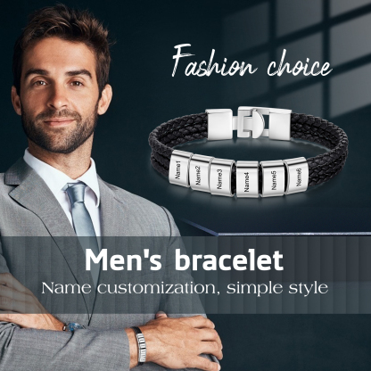 Personalized Braided Leather Bracelet Engraved 6 Names Men's Bracelet Gifts For Him
