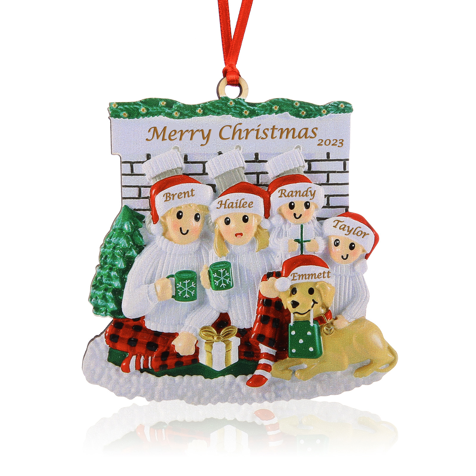 5 Names-Personalized Family Wooden Christmas Xmas Tree Decoration Ornament with Dog-Custom 5 Names Hanging Ornament Gifts For Family