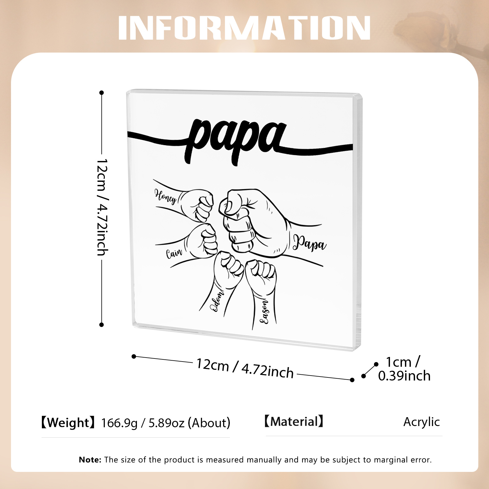 5 Names - Personalized Fist Acrylic  Keepsake Custom Text Acrylic Plaque Ornament Gift for Dad