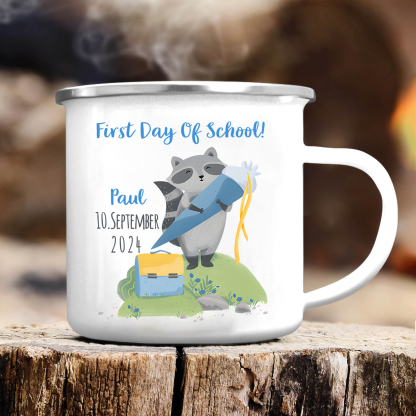 Personalized Name And Date Enamel Mug Children'S Raccoon Pattern Back To School Gift For Kid