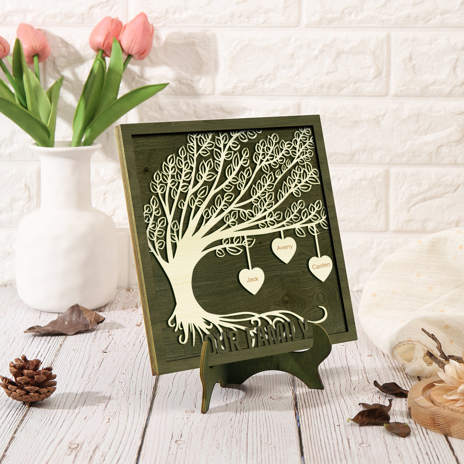 3 Names -Customized Tree Type Wooden Ornaments Decorations Text  Our Family