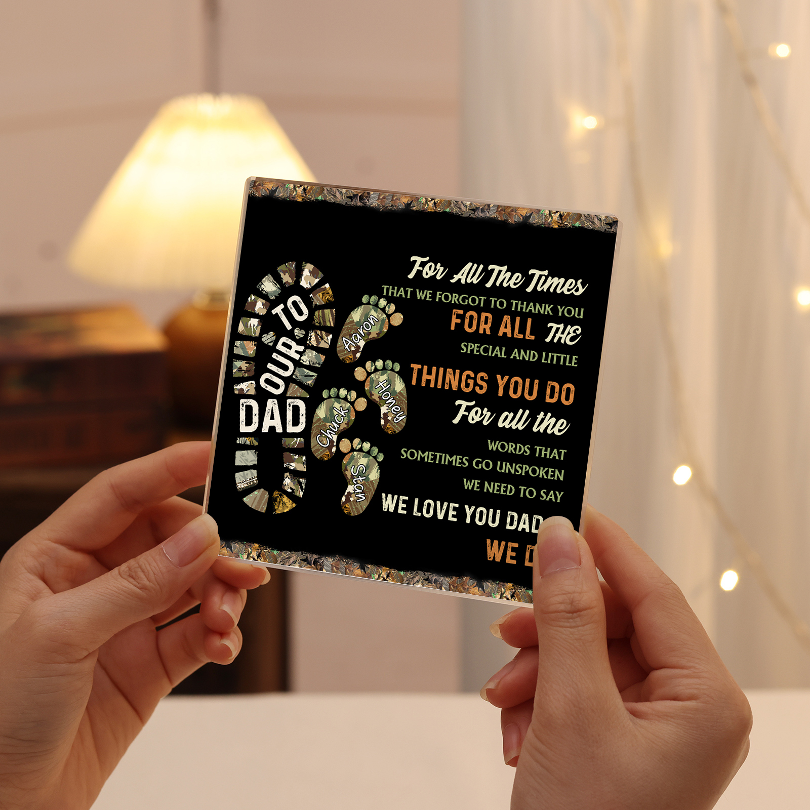 4 Names - Personalized Footprint Pattern Family Acrylic Keepsake Customized Name Acrylic Home Decor Gift for Dad