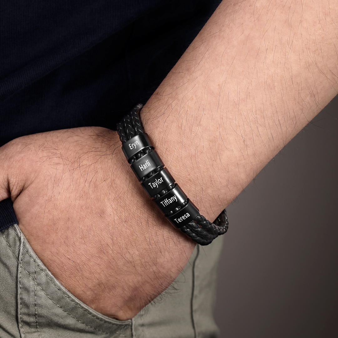 Personalized Braided Leather Bracelet Engraved 5 Names Men's Bracelet Gifts For Him
