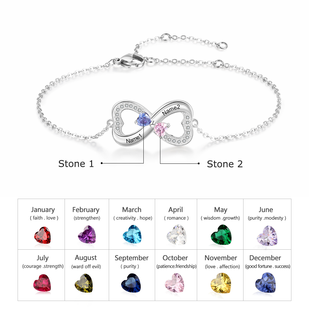 Personalized Bracelet With 2 Heart Birthstones Engraved Names Bracelet Gift For Women