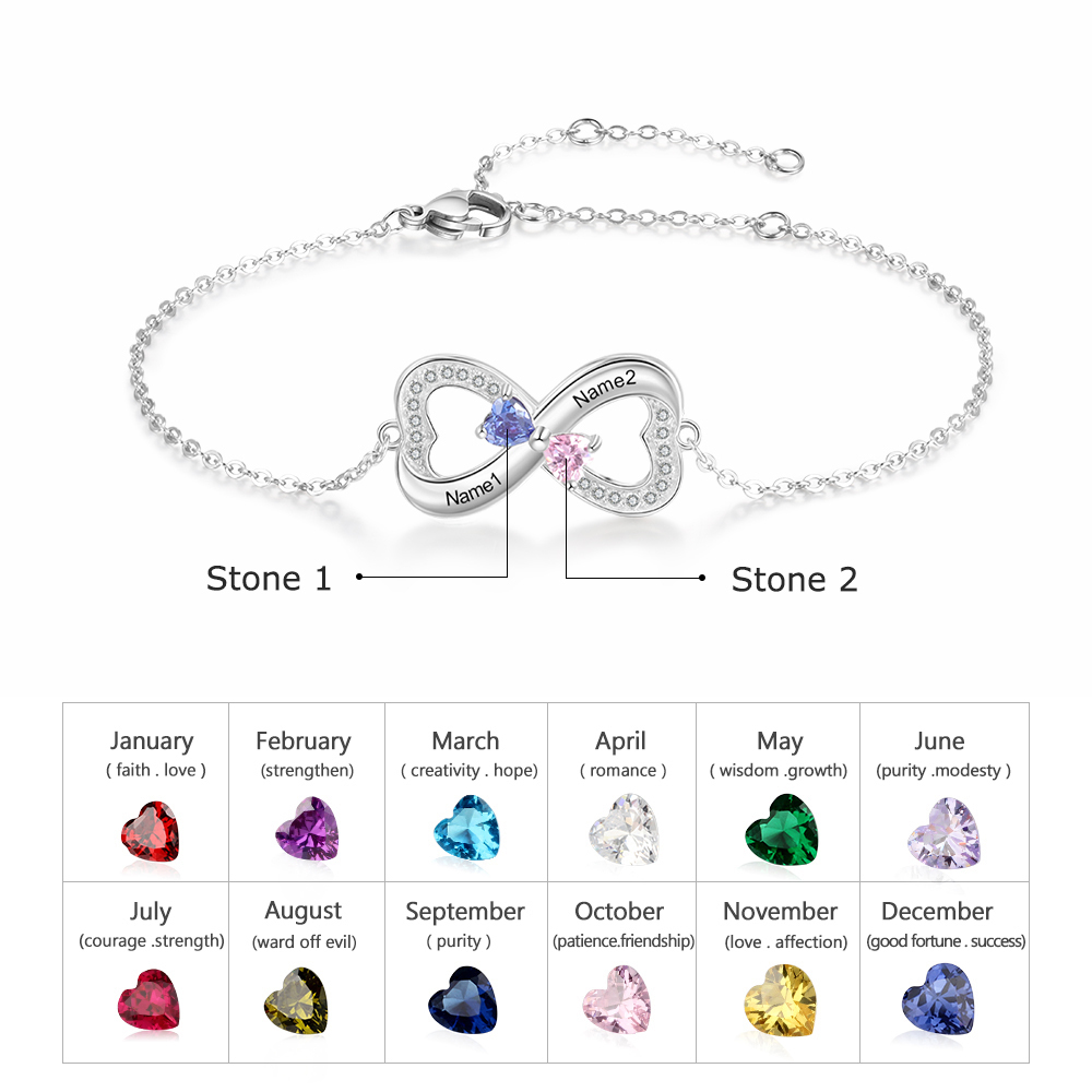 Personalized Bracelet With 2 Heart Birthstones Engraved Names Bracelet Gift For Women