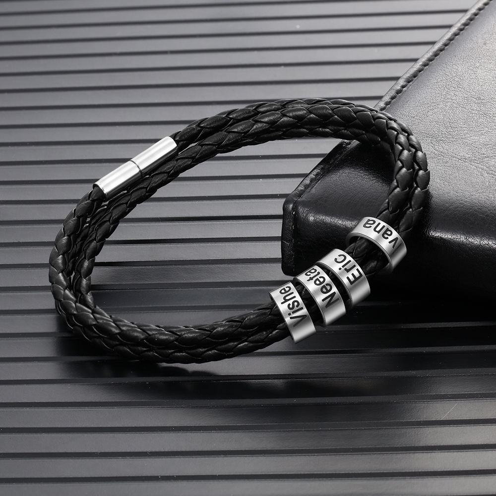 Braided Leather Personalised Name 4 Beads Men's Bracelets Gifts For Him Best Gift For Dad