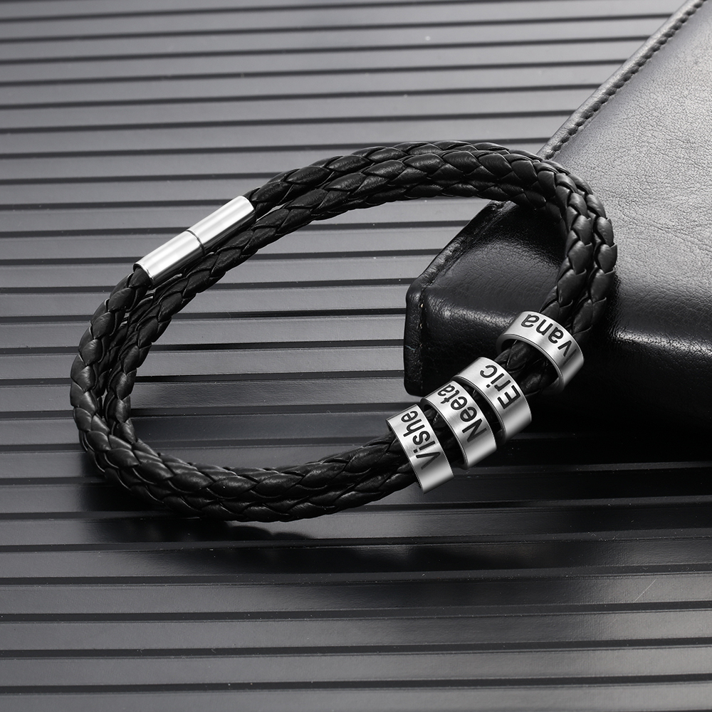 Braided Leather Personalised Name 4 Beads Men's Bracelets Gifts For Him Best Gift For Dad