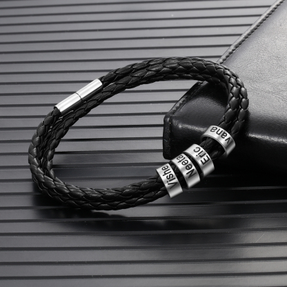 Braided Leather Personalised Name 4 Beads Men's Bracelets Gifts For Him Best Gift For Dad