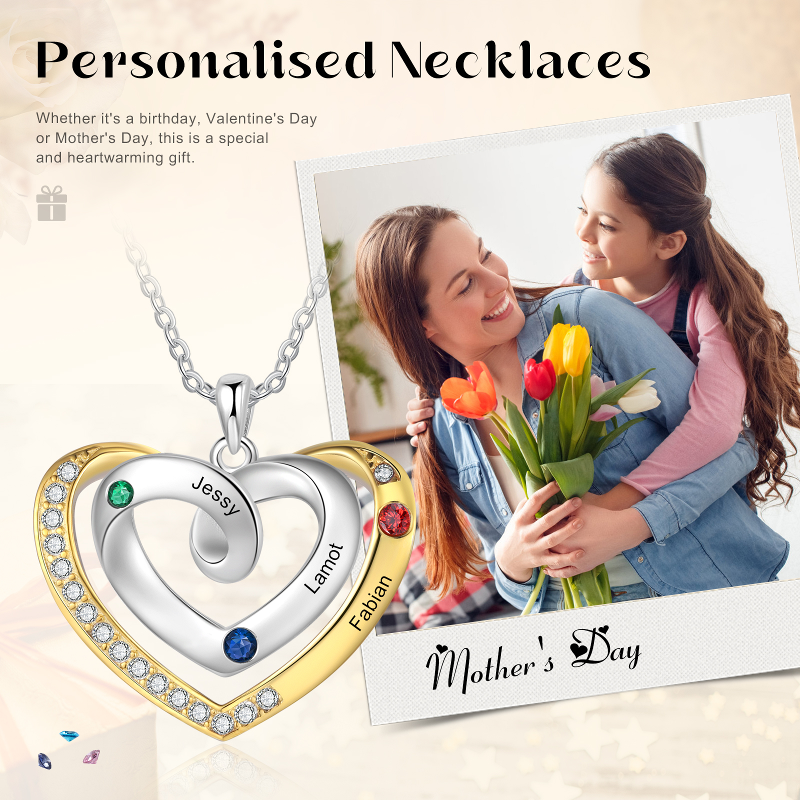 3 Names - Personalized Heart Necklace with Customized Names and Birthstone, A Perfect and Exquisite Gift for Her