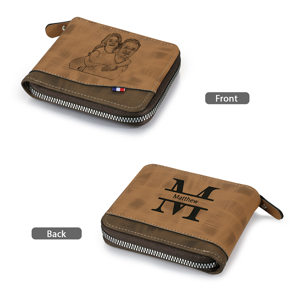 Photo Personalized Leather Zipper Men's Wallet Customized Name Letter Folding Wallet Three Colors Available with Gift Box for Dad
