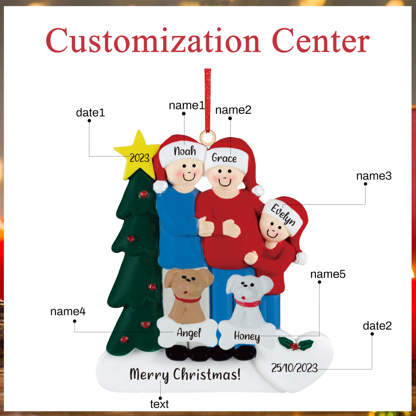 5 Names-Personalized Family Wooden Christmas Xmas Tree Decoration Ornament-Custom 5 Names And Dates Hanging Ornament Gifts For Family