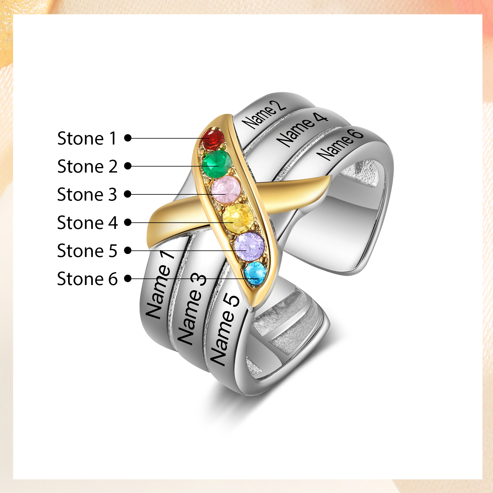 6 Birthstones - Personalized 6 Birthstones & 6 Names Beautiful Ring, a Customized Gift for Her