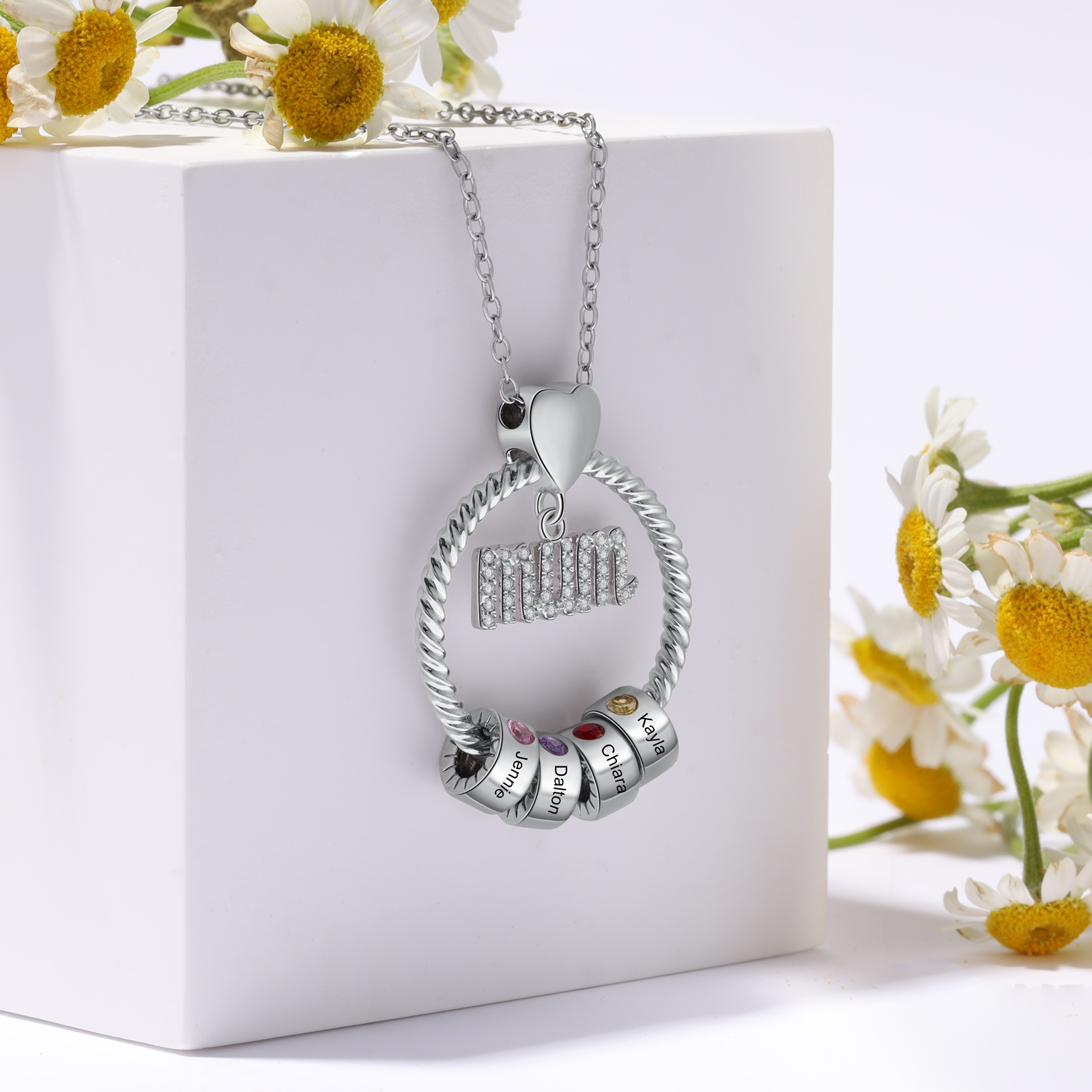 Personalized Circle Necklace With 4 Birthstones Pendant Engraved Names Gift For Mum