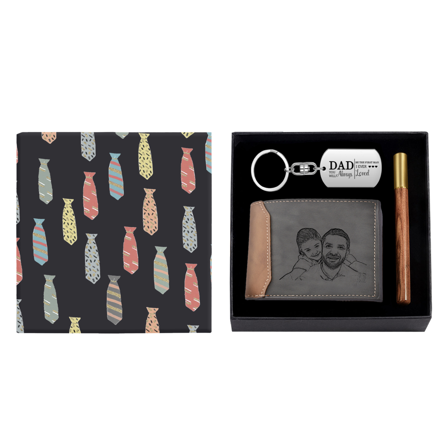 Personalized Leather Wallet Gift Box Set with Keychain Customizable Photo Text and Date Wallet Gift for Dad