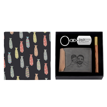Personalized Leather Wallet Gift Box Set with Keychain Customizable Photo Text and Date Wallet Gift for Dad