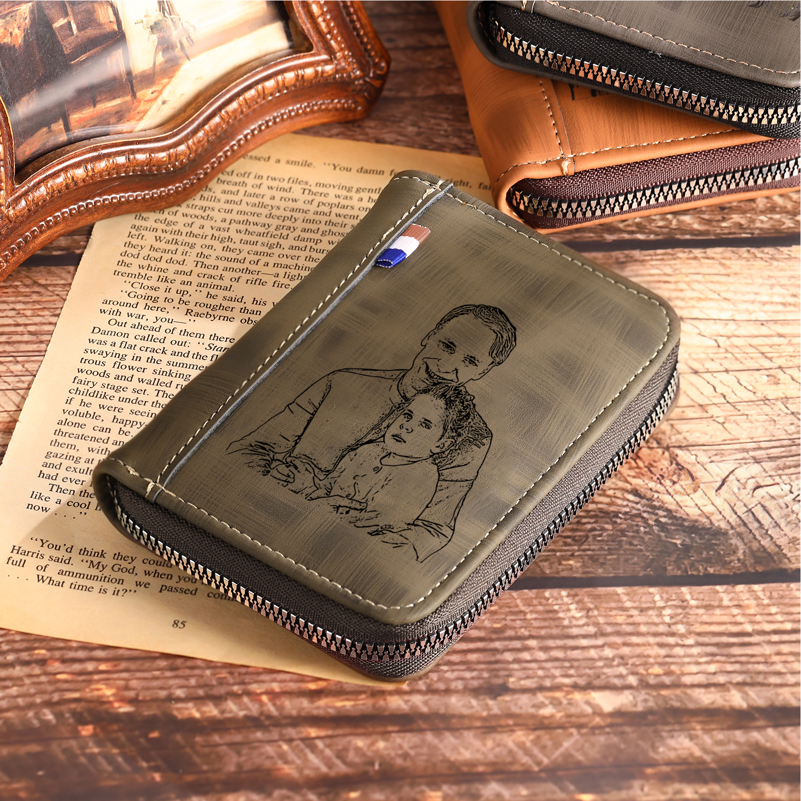 6 Names - Personalized Photo Text Custom Leather Men's Wallet Custom Name Zipper Wallet for Dad