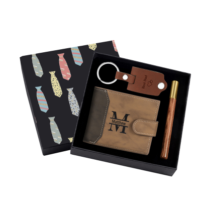 Personalized Leather Wallet Gift Box Set with Keychain Customizable Photo,Text ,Name and Letter Wallet Gift for Him