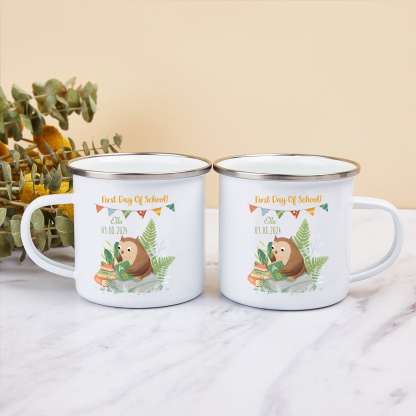 Personalized Name And Date Enamel Mug Children'S Owl Pattern Back To School Gift For Kid