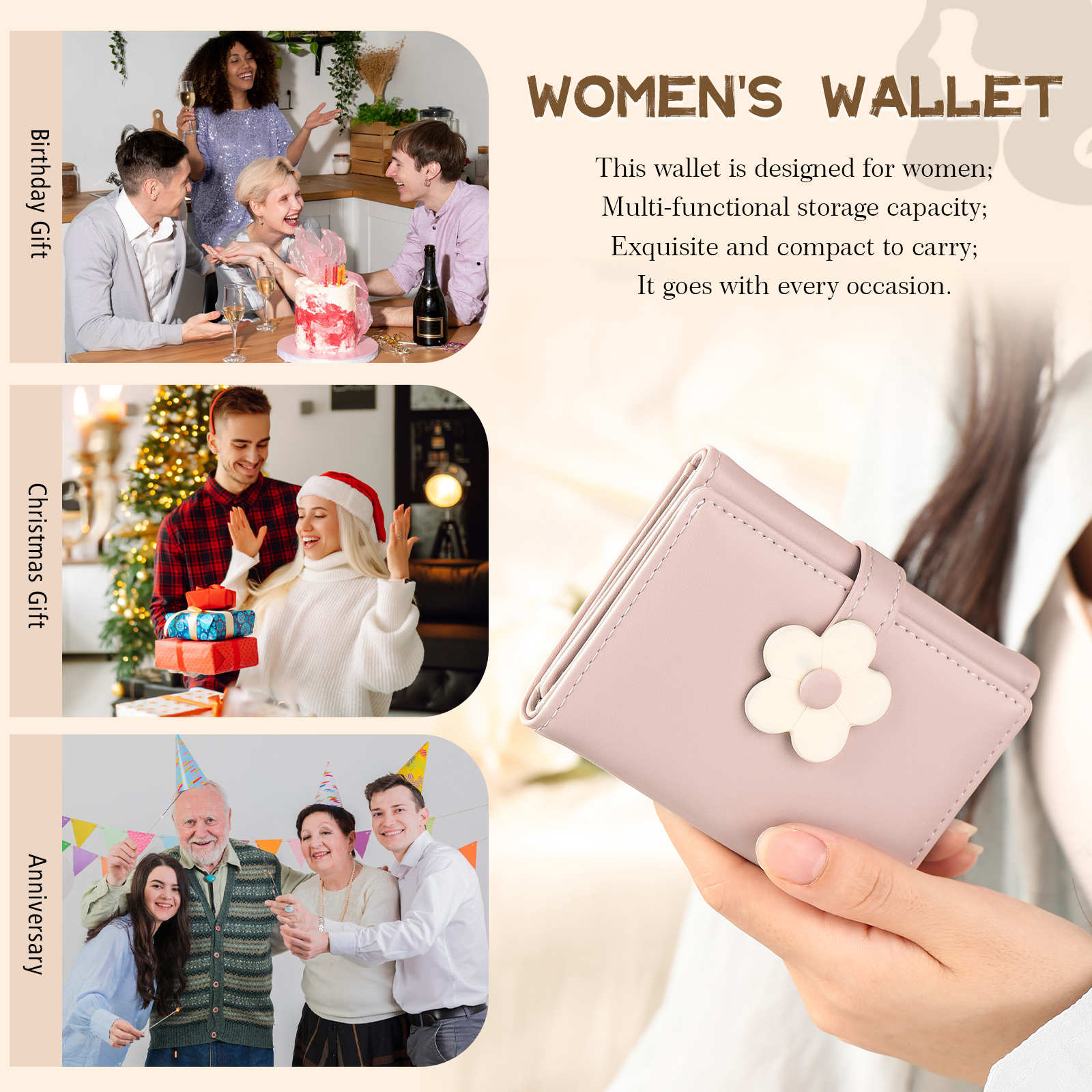 Women's Personalized Photo PU Leather Flower Wallet Coin Purse Four Colors Available Gift for Her