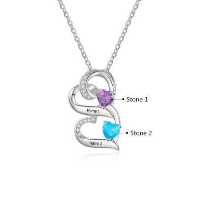 Personalised Heart Necklace with Custom 2 Names & 2 Birthstones – 925 Sterling Silver Double Heart Design – Valentine’s Day Gift for Her | Jessemade