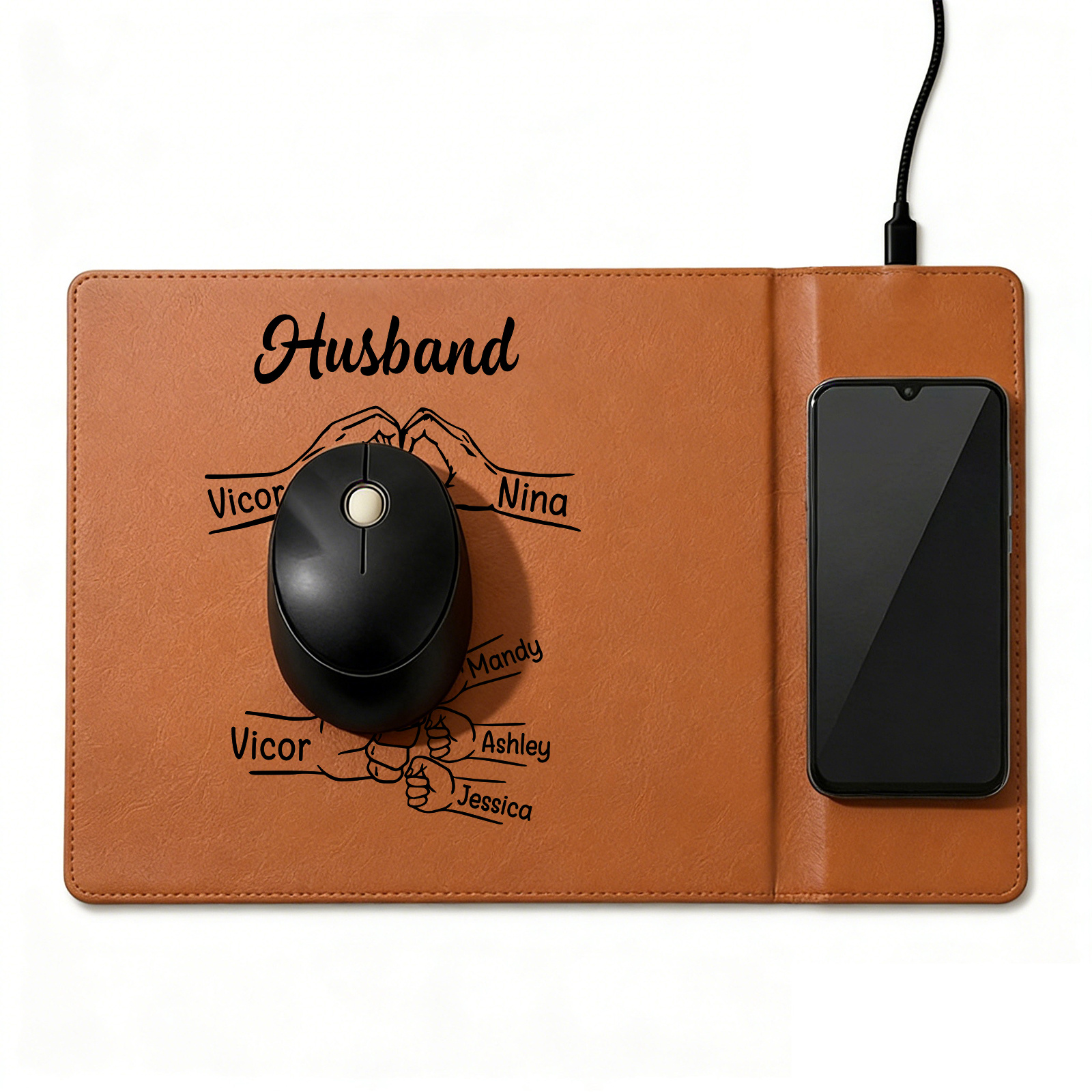 Personalized Leather Desk Charging Mat With Wireless Function Custom With 1-8 Names