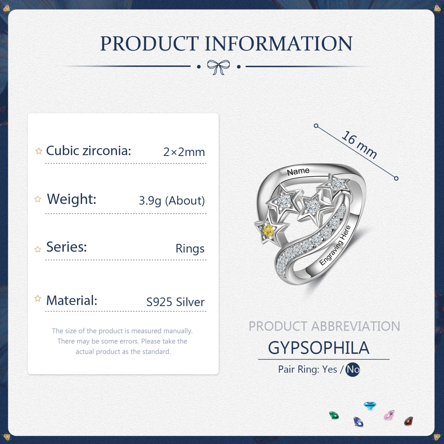 Personalized Star Ring With 1 Birthstone Engraved Names Ring Gift For Women