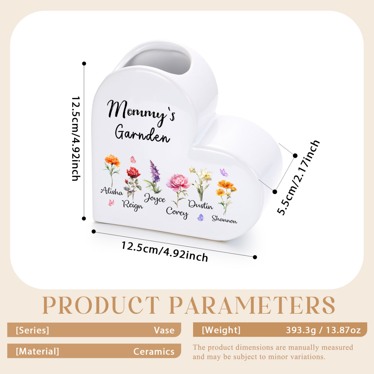 Personalized Heart Shaped Ceramic Vase Grandma’S Garden Custom With 1–12 Birth Flowers And Names