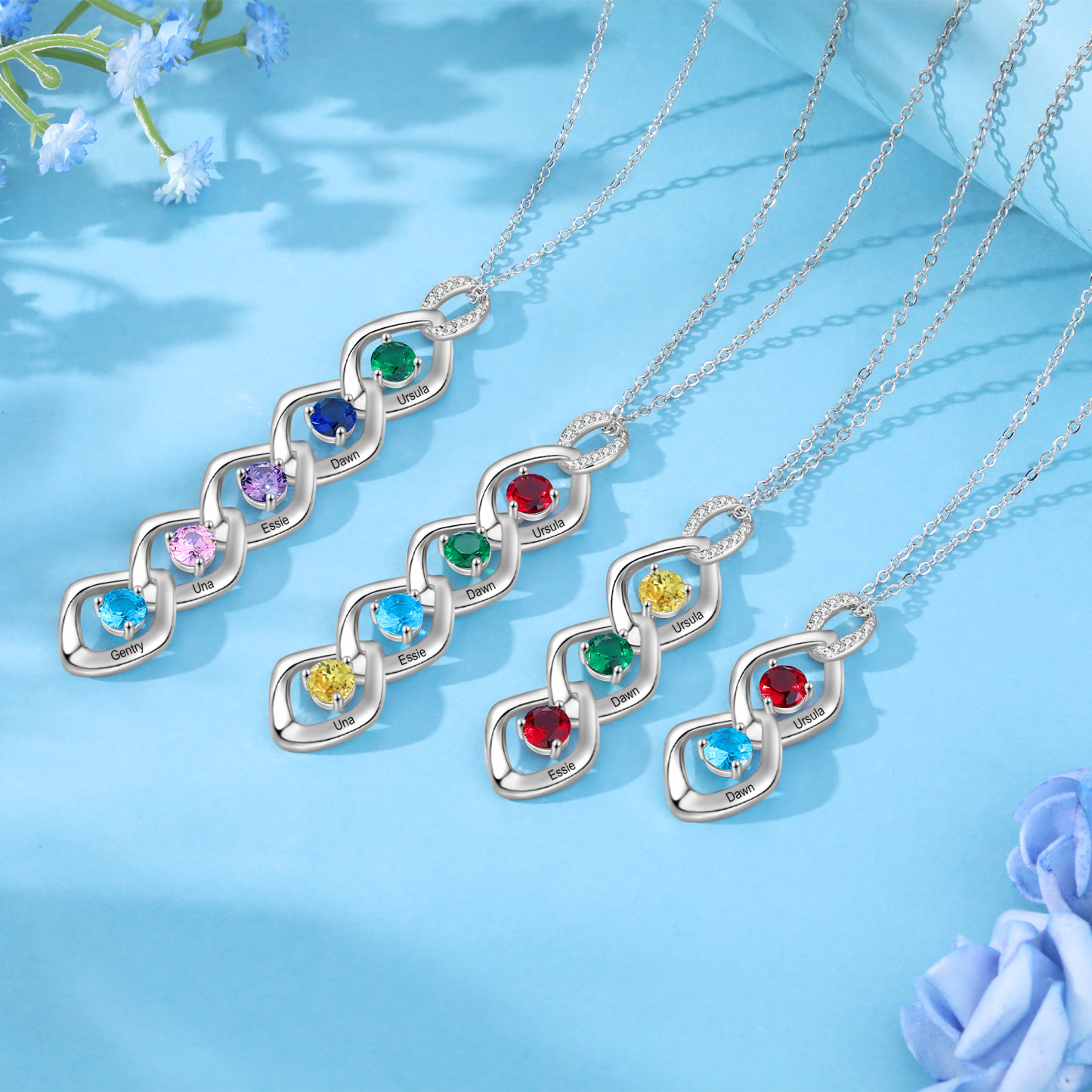 3 Names - Personalized Birthstone Necklace With Name Engraved For A Special Gift For Mom/Grandma