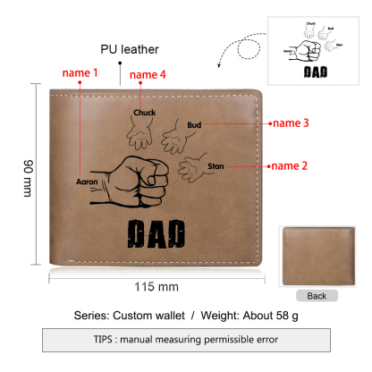 4 Names-Personalized Leather Men Wallet Engraved 4 Names Fist Bump Folding Wallet Gift For Dad