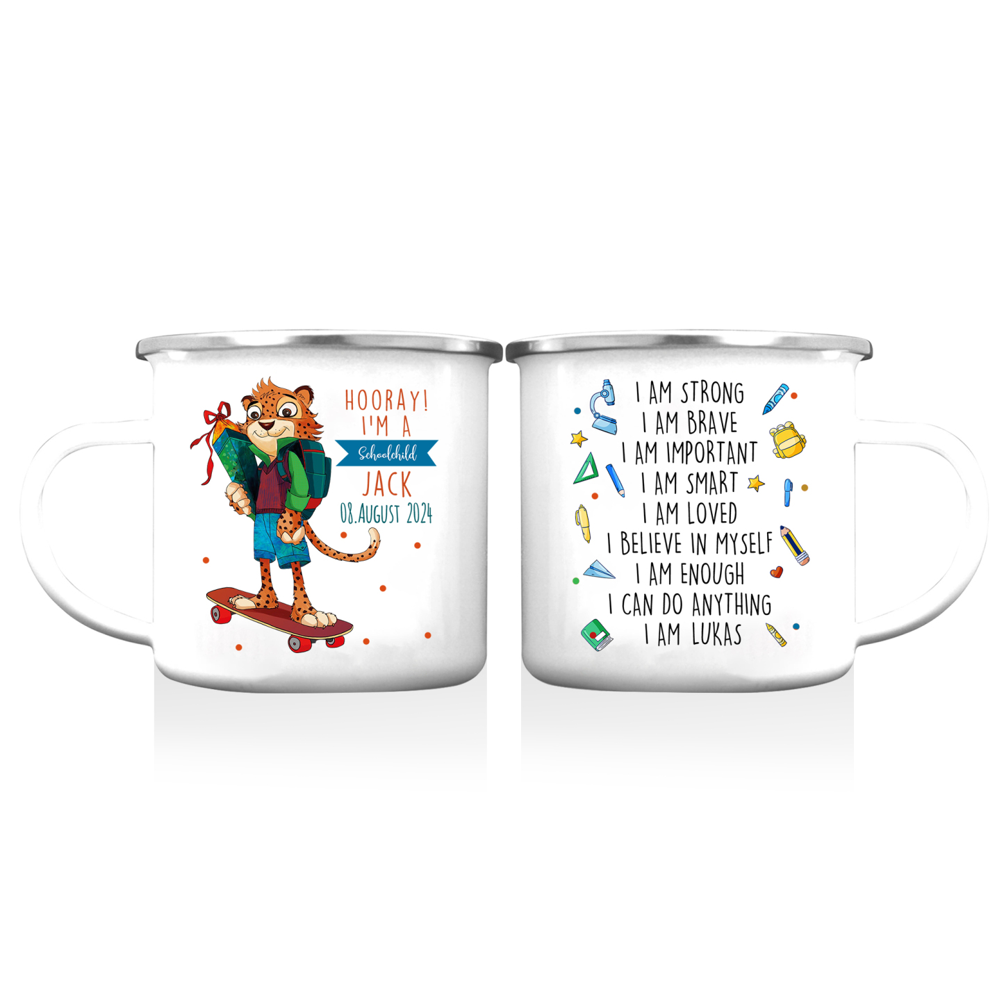 Personalized Name And Date Enamel Mug Leopard Pattern Back To School Gift For Kid