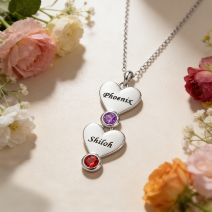 Personalized Necklace With Vertical Hearts Pendant Custom with 1-5 Names And Birthstones Gift For Mom
