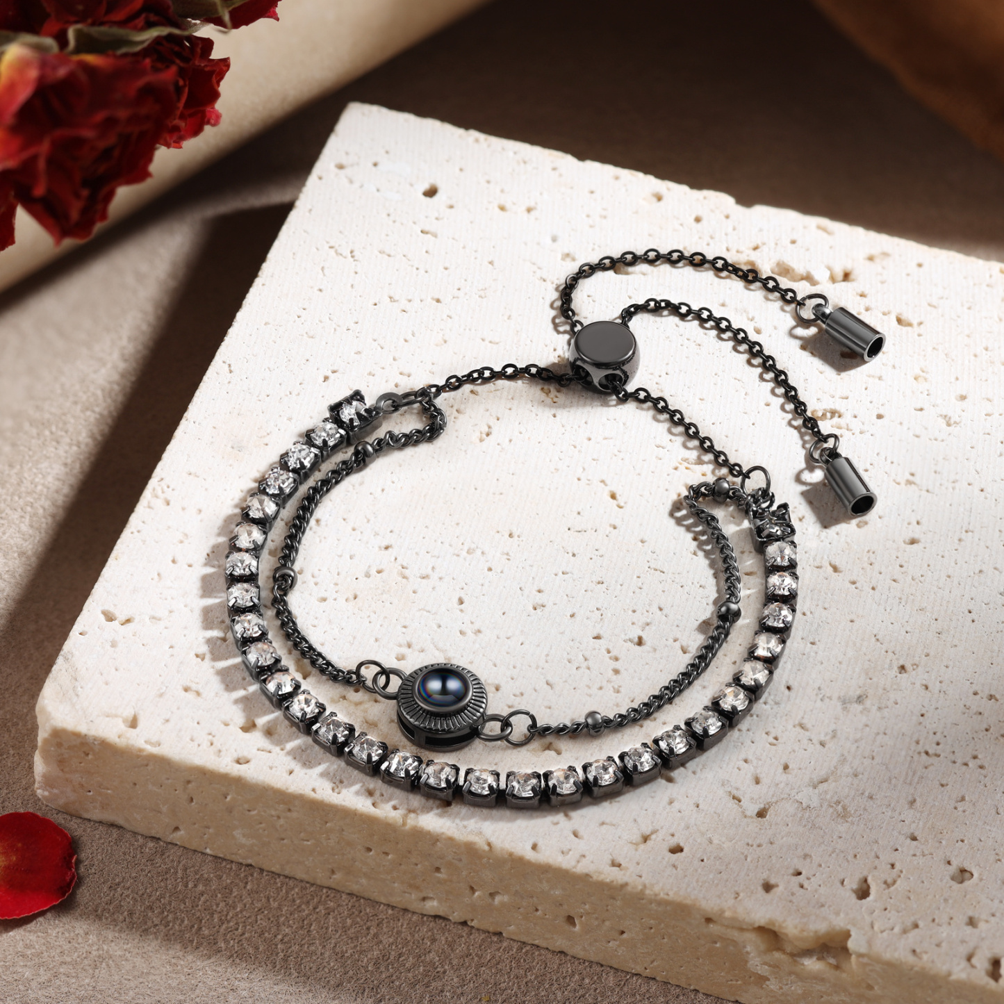 Personalized Photo Projection Bracelet with Double Rhinestone Row Adjustable Women’s Bracelet