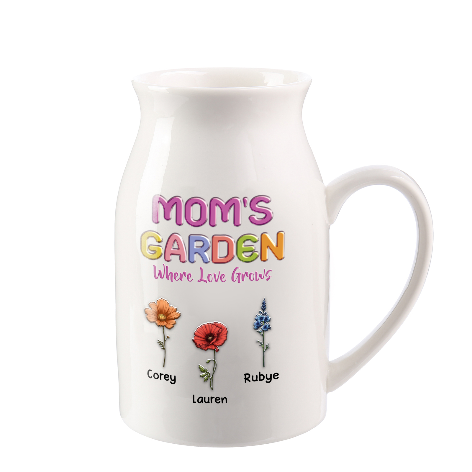 Personalized Ceramic Pitcher Vase Custom With 1-10 Names And Birth Flowers Gift For Mom Or Grandma