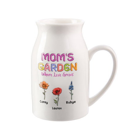 Personalized Ceramic Pitcher Vase Custom With 1-10 Names And Birth Flowers Gift For Mom Or Grandma