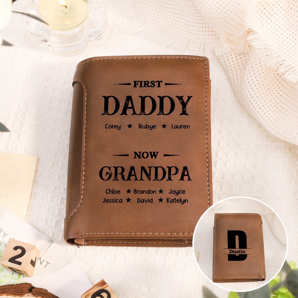 Personalized Men Trifold Leather Wallet First Dad Now Grandpa Custom with 2-14 Names