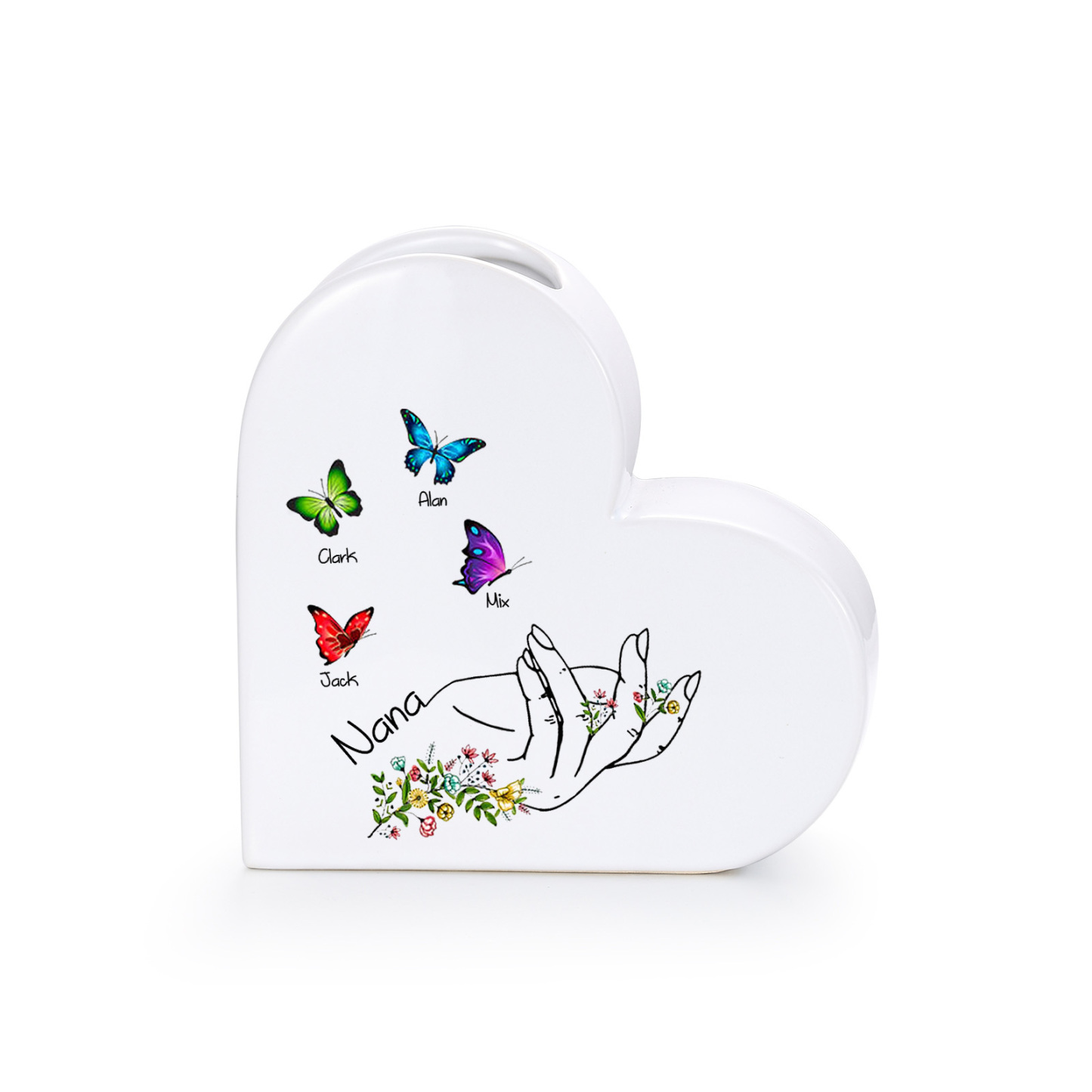 Personalized Ceramic Heart Vase Custom with 2–8 Names and Butterfly