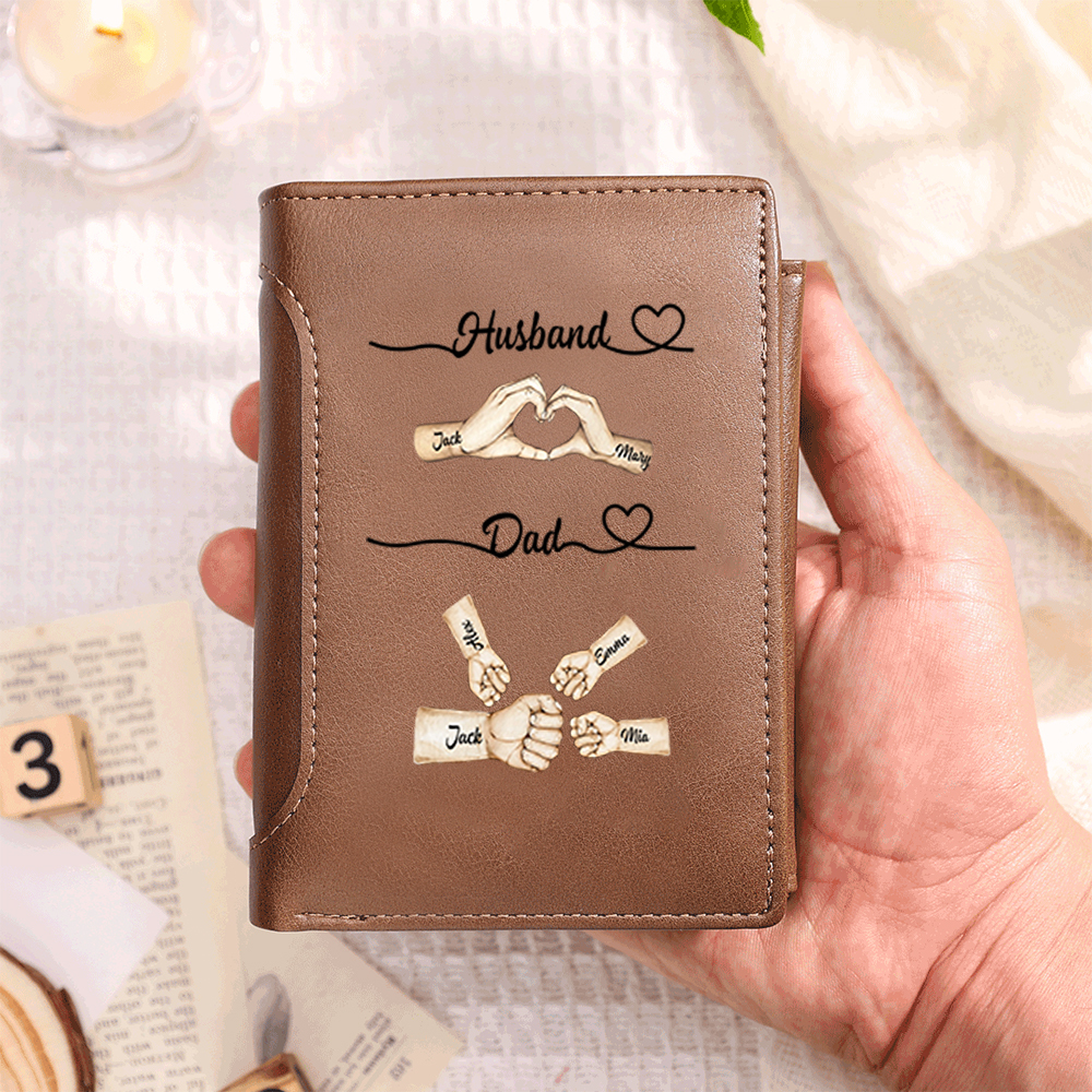 Unique Fist-Bump Customizable Men’s Wallet with Name Pattern – Personalized Gift for Dad & Husband