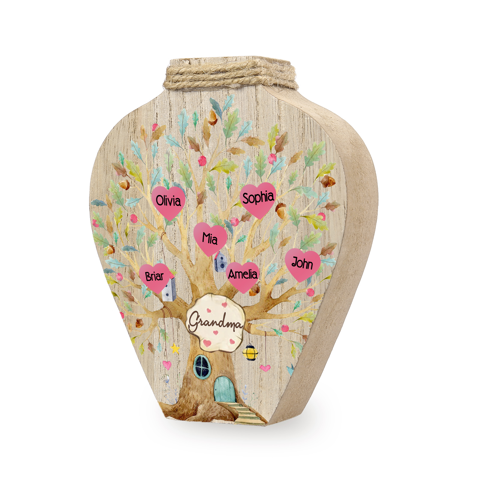 6 Names - Personalized Custom Text and Name Wooden Ornament Vase for Grandma