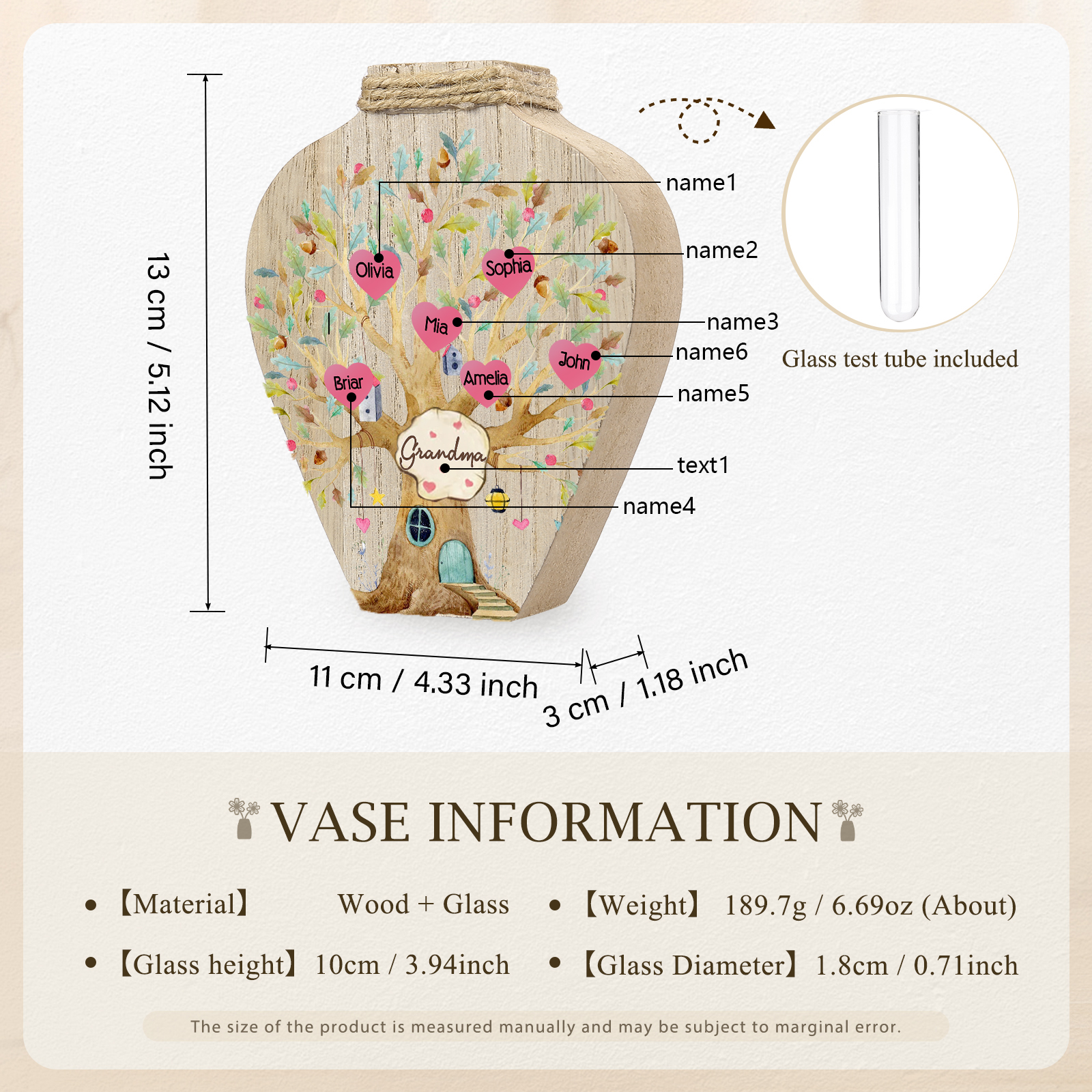 6 Names - Personalized Custom Text and Name Wooden Ornament Vase for Grandma